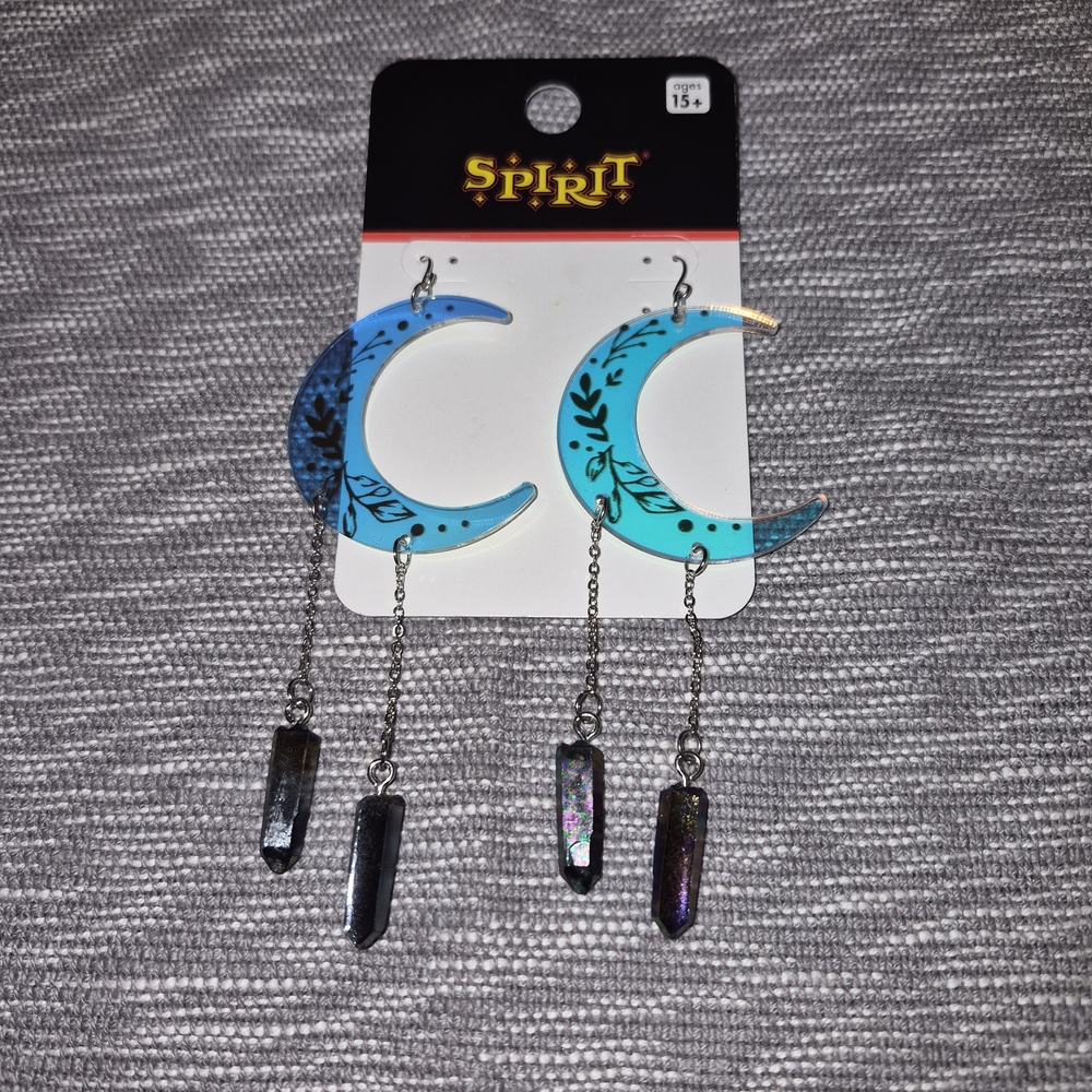 Blue Crescent Moon Earrings with Crystal Charms